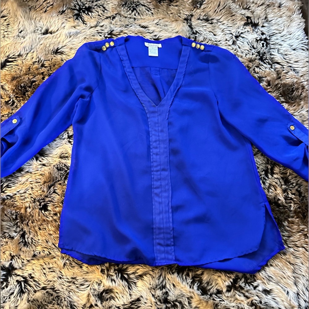 Blue V Neck Blouse with Rhinestone Shoulder Detail